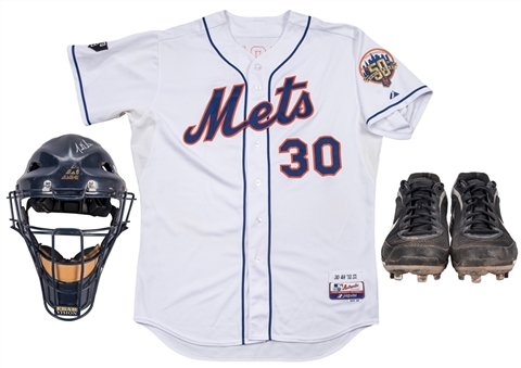 Lot of (3) Josh Thole Game Used New York Mets Jersey Used During Johan Santanas No-Hitter (signed by Santana), Cleats & Minor League Catchers Mask (MLB Authenticated, Mets COA &  Steiner)